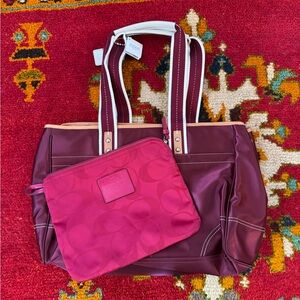 Coach Burgundy Cloth Tote with Pink Pouch